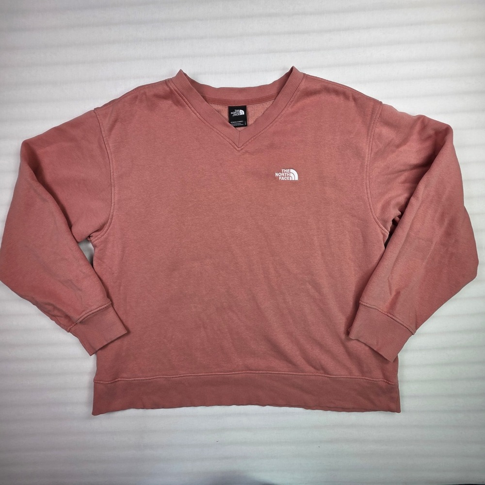 The North Face Womens V-Neck Sweatshirt Large Pink Fleece Pullover Logo